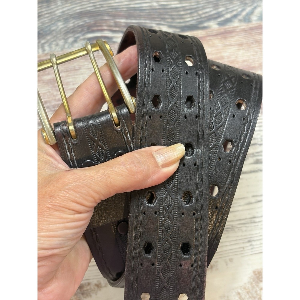 Full Leather Double Prong Two Hole Black Belt Distressed Etching Men Large 1.5in